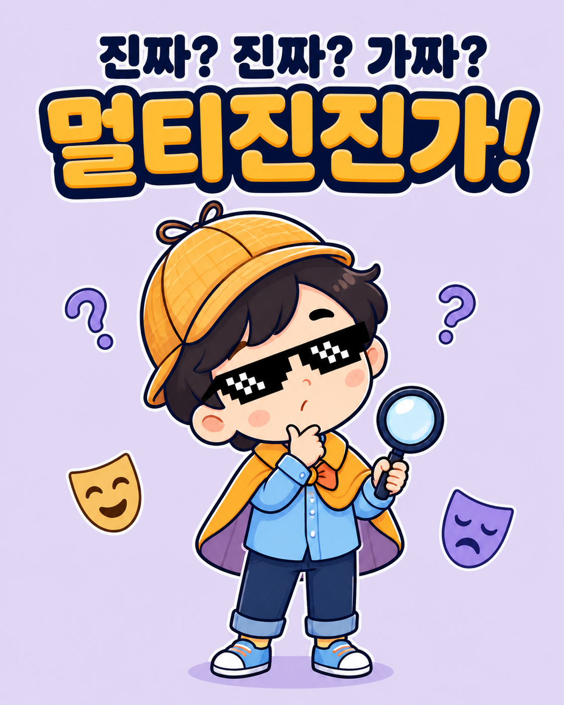 디지털 선글라스를 쓴 탐정 캐릭터와 진짜? 진짜? 가짜? 멀티진진가! 제목